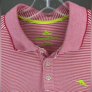 Tommy Bahama men’s red white striped polo with lime green detail - size Medium.